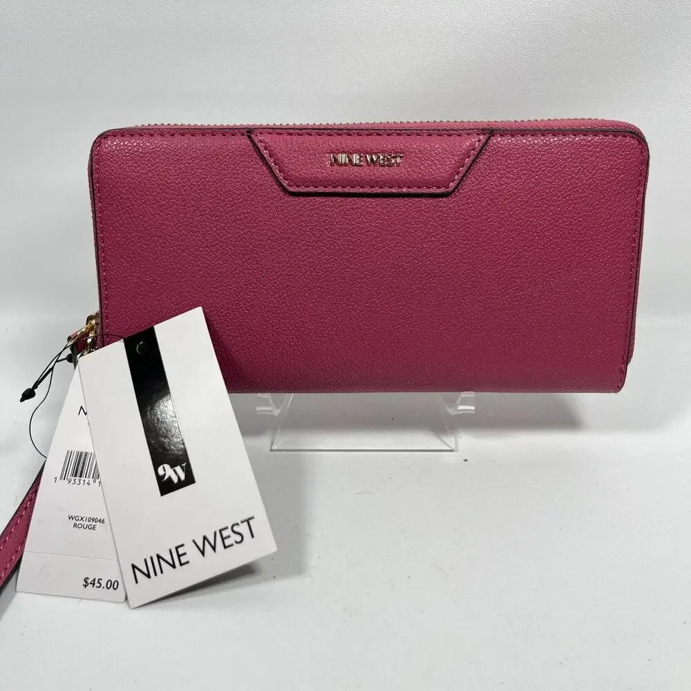 NINE WEST Wallet Accordion Zip Around Leather Card Coin Purse Rouge Pink NEW